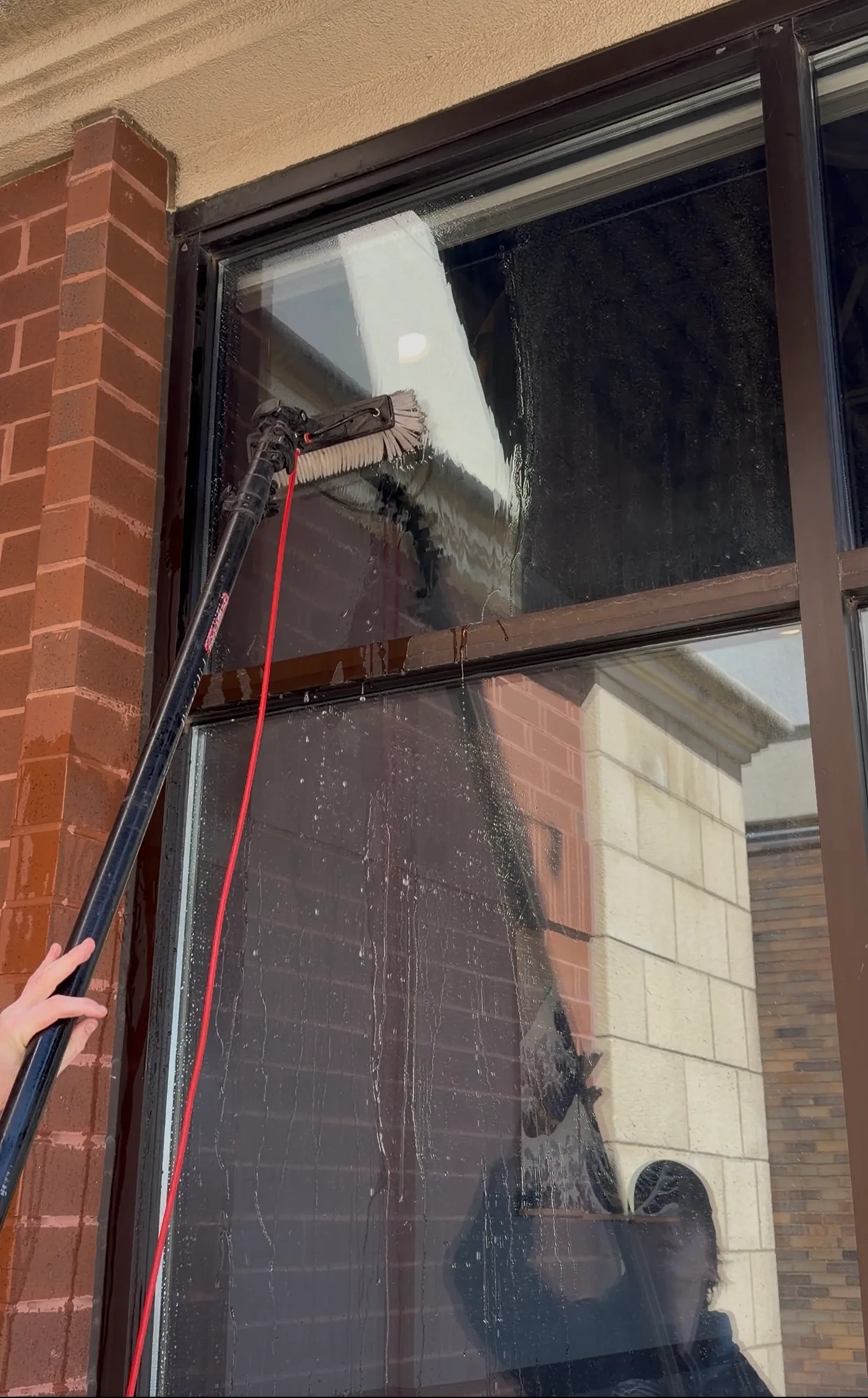 Professional squeegee technique on a window pane, half cleaned to show the difference